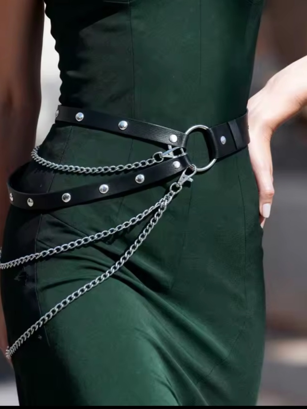 Black Studded Leather Chain Waist Belt - Women Accessories